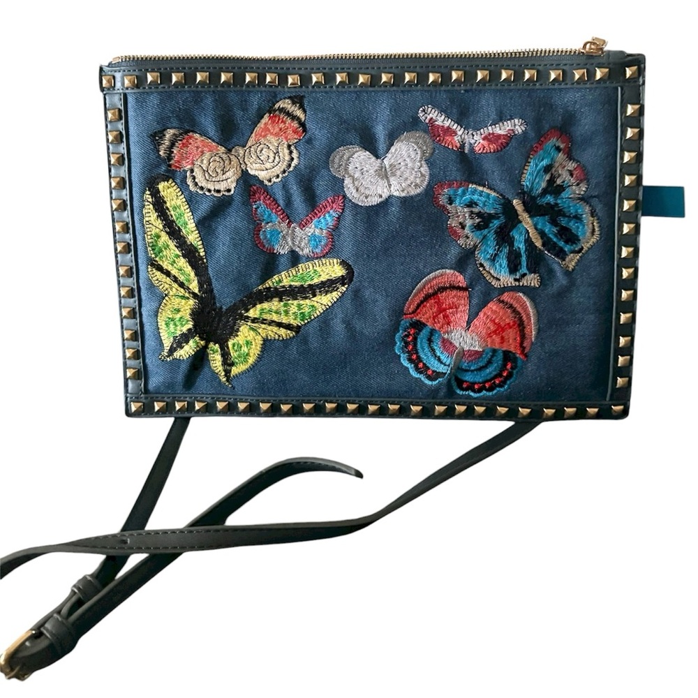 URBAN EXPRESSIONS DENIM EMBROIDERED STUDDED CLUTCH BAG PURSE 100% AUTHENTIC